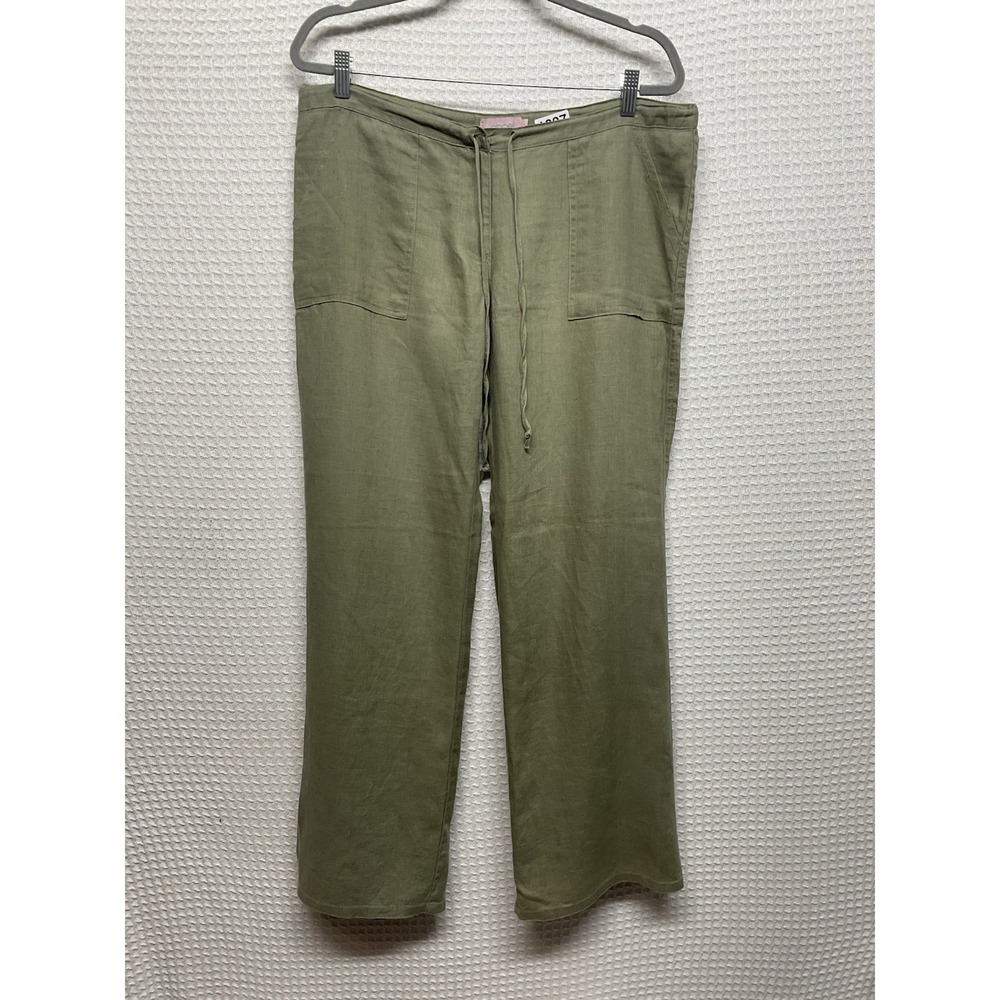Oboe Olive Green/Khaki 100% Linen Pants Women's Size L Straight Drawstring